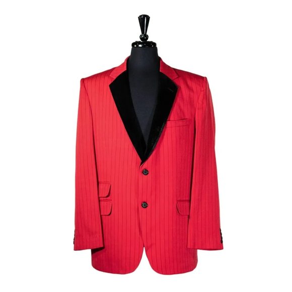 Mens Blazer Red Black Striped Wool Velvet Formal Tuxedo Suit Jacket Wedding 44R